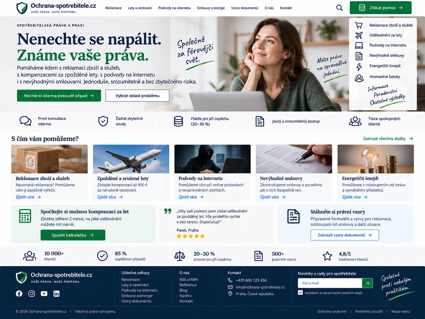 Ilustrační návrh spotřebitelského webu v modré, zelené a bílé s přehledem témat
